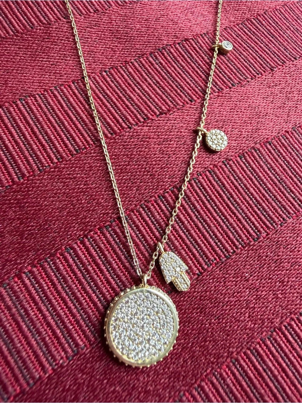 Gold Vermeil Sterling Silver Pave Charm Necklace Hamsa Disc 925